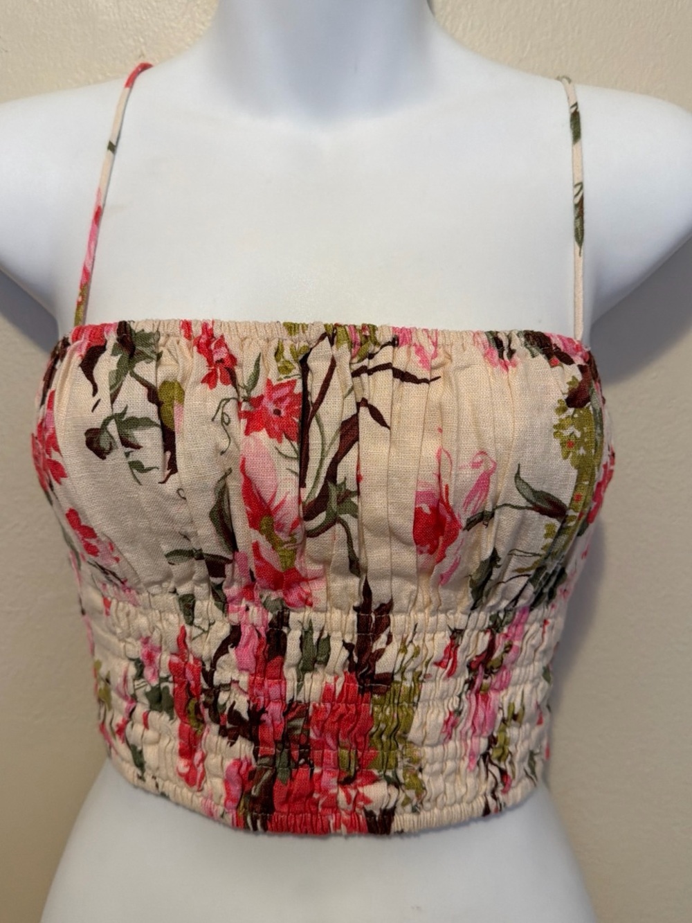 Abercrombie & Fitch Floral Smocked Crop Cami in Pink and Cream